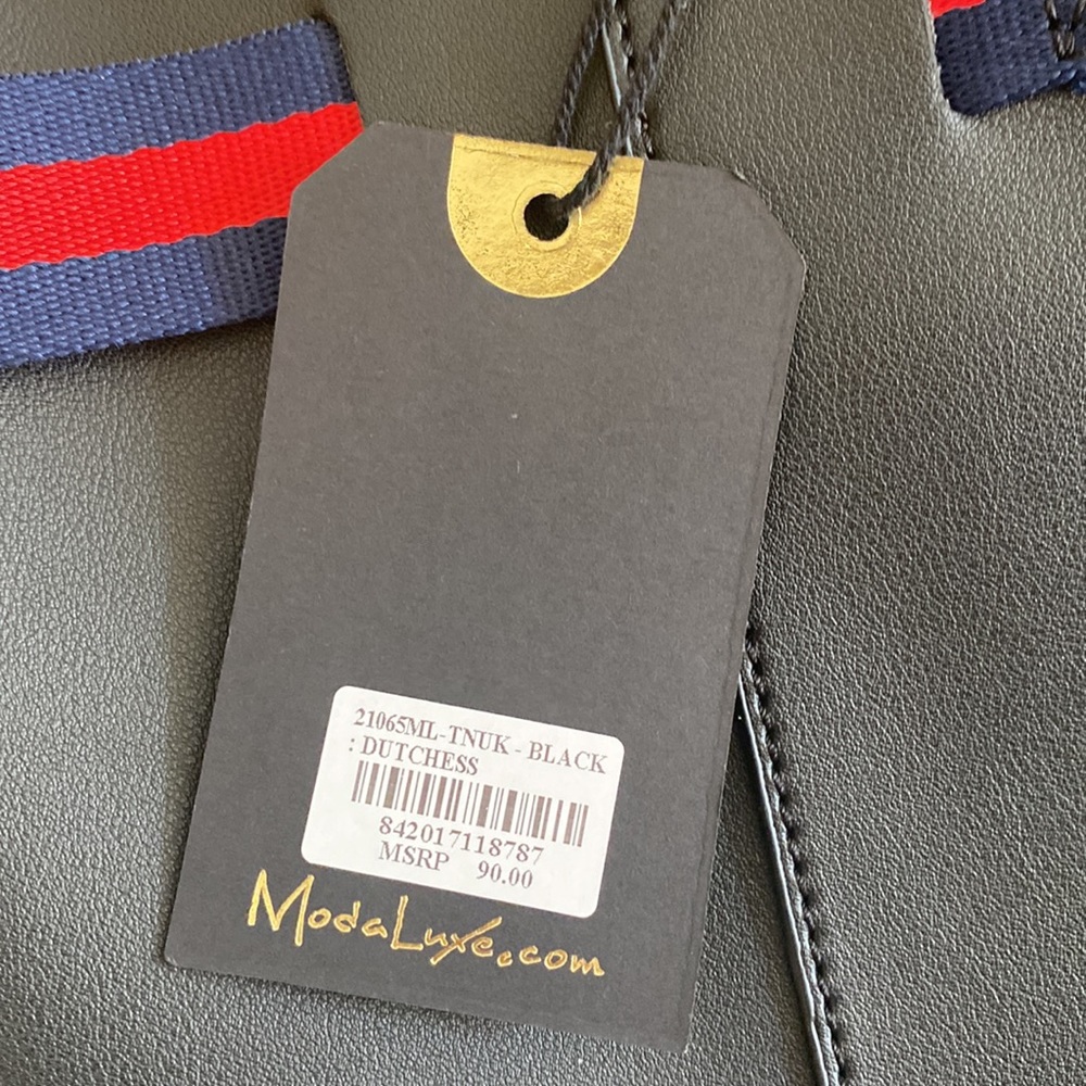 NWT Moda Luxe Black Dutchess Tote Bag - black with red and navy striped ribbon - Picture 4 of 7